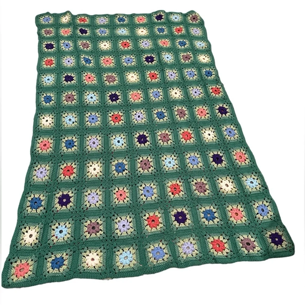 GRANNY SQUARE CROCHETED MULTI COLORED GREEN THROW PICNIC BLANKET KNIT HANDMADE